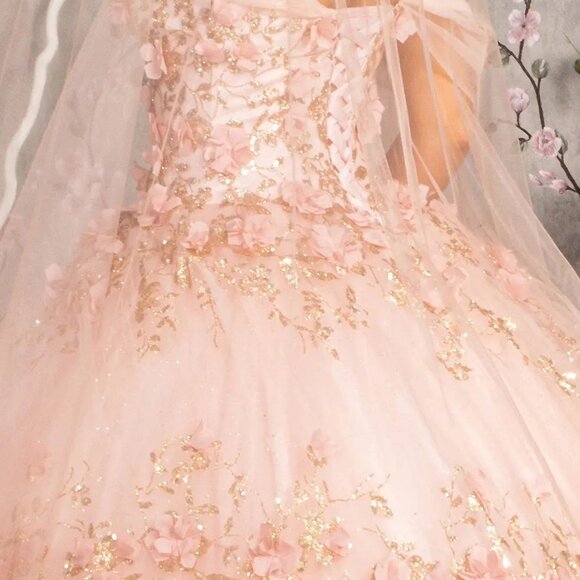 New Maxi Sleeveless Mesh Dress w/ Floral Applique & Removable Cape  GL3179 - Picture 6 of 11